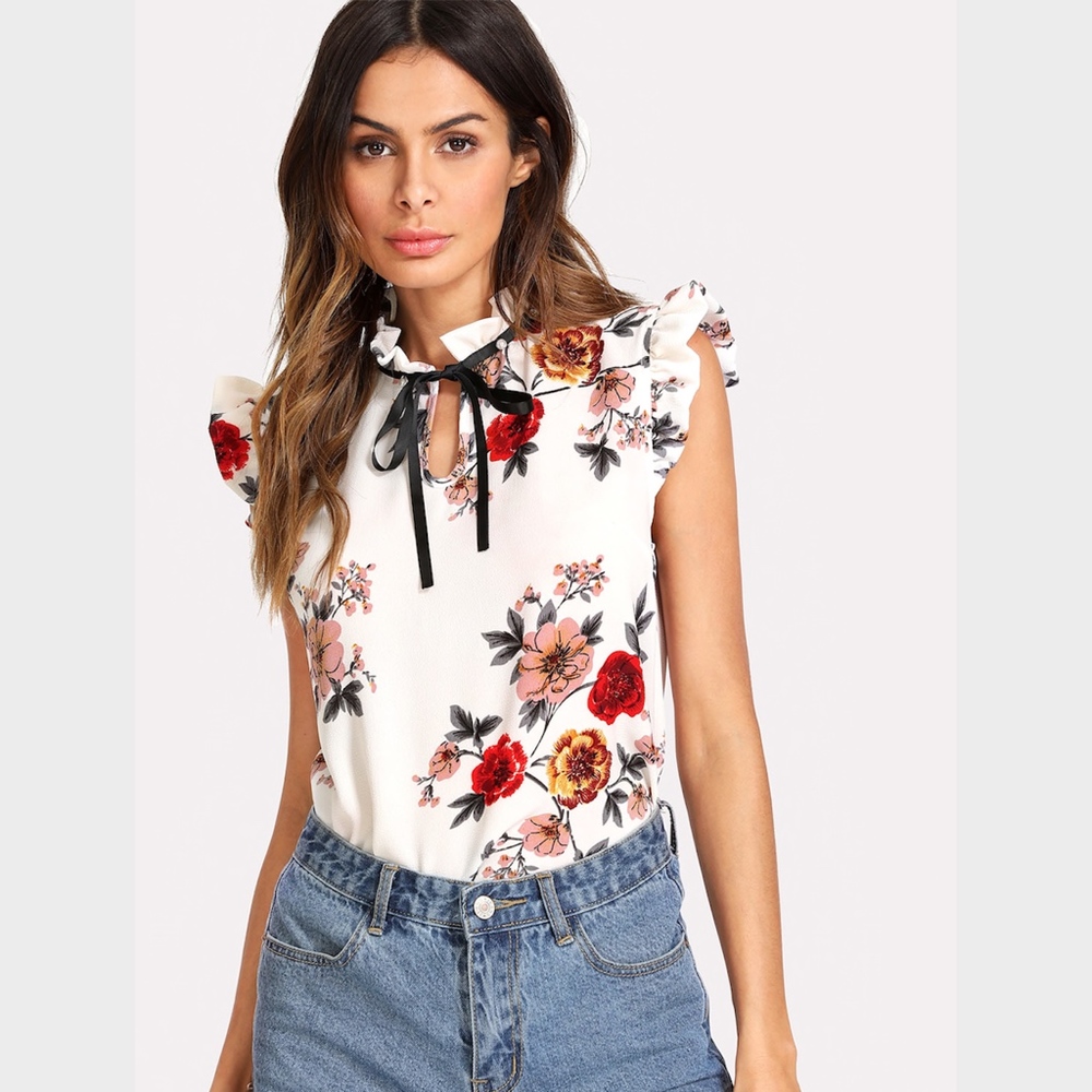 Pearl Embellished Frill Trim Tie Floral Top White - Picture 6 of 8